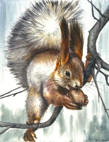 Painting titled "Squirrel" by Polina Turgunova, Original Artwork, Watercolor