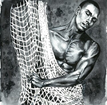 Ζωγραφική με τίτλο "Netted Male" από Polina Turgunova, Αυθεντικά έργα τέχνης, Ακουαρέλα