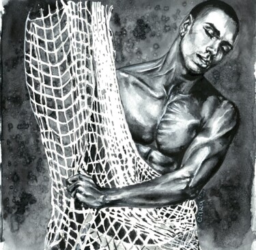 Pintura intitulada "Netted Male" por Polina Turgunova, Obras de arte originais, Aquarela