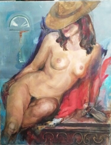Painting titled "Woman in hat" by Polina Jivov, Original Artwork, Oil