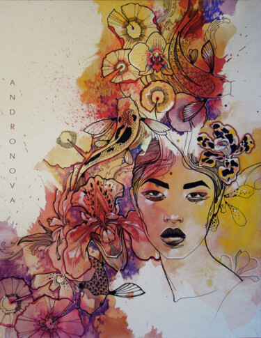 Painting titled "Wild orchid" by Polina Andronova, Original Artwork, Ink