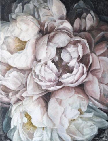 Painting titled "Misty Peonies" by Polina Kharlamova, Original Artwork, Oil