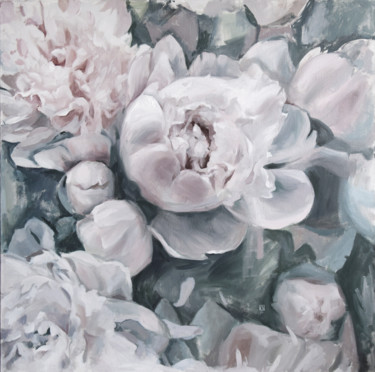 Painting titled "Peonies/1" by Polina Kharlamova, Original Artwork, Oil Mounted on Wood Stretcher frame