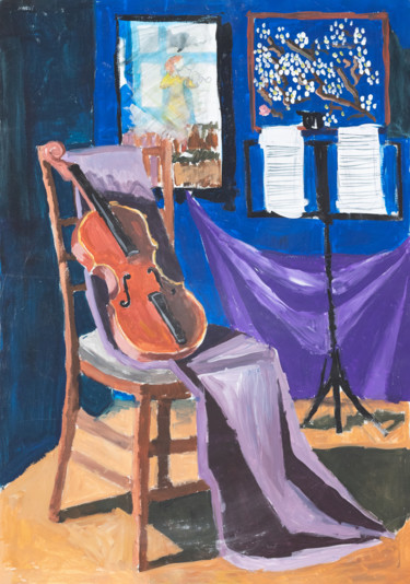 Картина под названием "Lonely violin" - Polina Mukorina, Подлинное произведение искусства, Гуашь