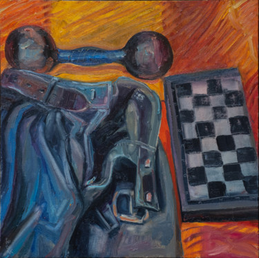 Painting titled "Dumbbell Pants Chess" by Ekaterina Kosiak, Original Artwork, Oil