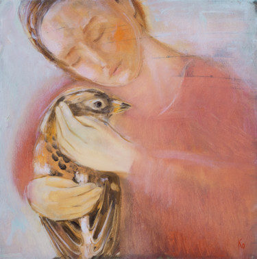 Painting titled "Girl with bird or L…" by Ekaterina Kosiak, Original Artwork, Oil