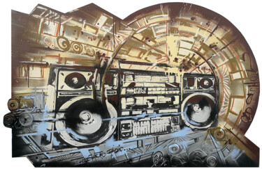 Peinture intitulée "ghettoradio" par Polonova, Œuvre d'art originale, Bombe aérosol Monté sur Panneau de bois