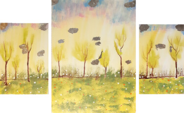 Painting titled "Golden spring morni…" by Poly, Original Artwork, Acrylic Mounted on Other rigid panel