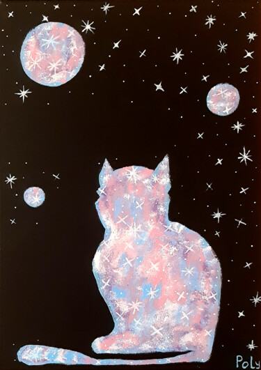 Painting titled "Magic cat and night…" by Poly, Original Artwork, Acrylic Mounted on Wood Stretcher frame