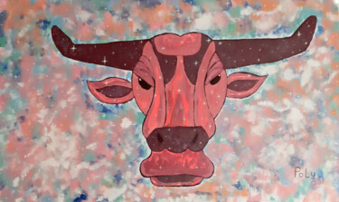 Painting titled "Starry bull (animal…" by Poly, Original Artwork, Acrylic Mounted on Other rigid panel