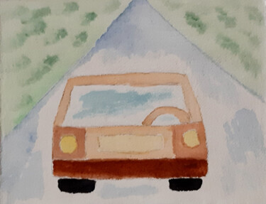 Painting titled "Driverless car" by Poly, Original Artwork, Watercolor Mounted on Cardboard