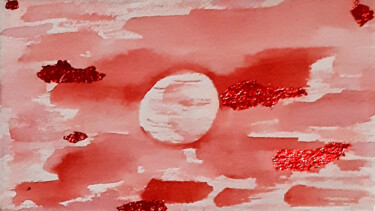 Painting titled "Crimson Sunset (red…" by Poly, Original Artwork, Watercolor Mounted on Cardboard