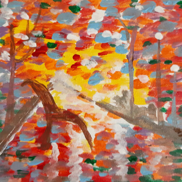 Painting titled "Bench in autumn park" by Poly, Original Artwork, Acrylic Mounted on Other rigid panel