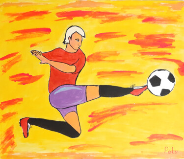Pintura titulada "Soccer player with…" por Poly, Obra de arte original, Acrílico Montado en Panel de madera