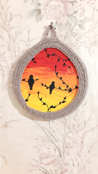 Painting titled "Birds (round acryli…" by Poly, Original Artwork, Acrylic Mounted on Wood Panel