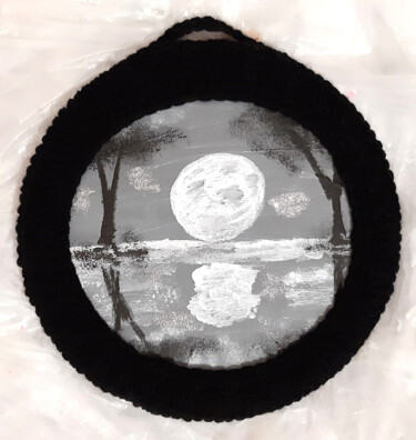 Painting titled "Full moon (round pa…" by Poly, Original Artwork, Acrylic Mounted on Wood Panel