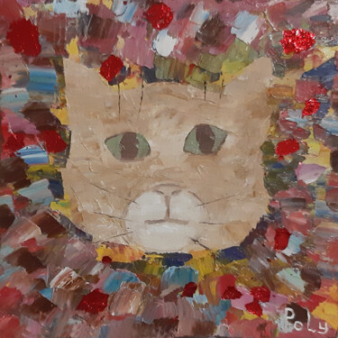 Painting titled "Surprised cat (orig…" by Poly, Original Artwork, Oil Mounted on Wood Stretcher frame