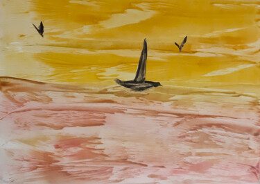 Malarstwo zatytułowany „Seascape and sailbo…” autorstwa Poly, Oryginalna praca, Wosk