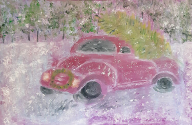 Malerei mit dem Titel "Christmas road (oil…" von Poly, Original-Kunstwerk, Öl Auf Holzplatte montiert