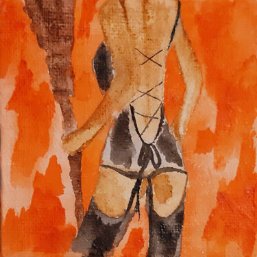Ζωγραφική με τίτλο "Witch in lingerie.…" από Poly, Αυθεντικά έργα τέχνης, Ακουαρέλα Τοποθετήθηκε στο Ξύλινο πάνελ