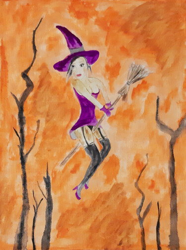 Painting titled "Halloween flight (w…" by Poly, Original Artwork, Watercolor Mounted on Wood Panel