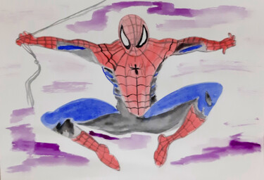 Malerei mit dem Titel "Spiderman in flight…" von Poly, Original-Kunstwerk, Aquarell