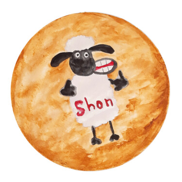 Painting titled "Shaun the Sheep (wa…" by Poly, Original Artwork, Watercolor Mounted on Wood Panel