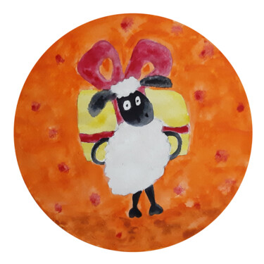 Ζωγραφική με τίτλο "Shaun the Sheep wit…" από Poly, Αυθεντικά έργα τέχνης, Ακουαρέλα Τοποθετήθηκε στο Ξύλινο πάνελ