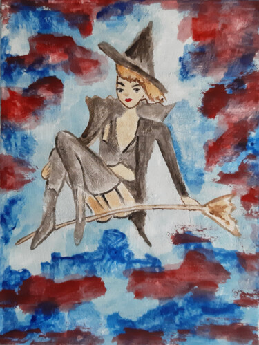 Ζωγραφική με τίτλο "Witch at sunset" από Poly, Αυθεντικά έργα τέχνης, Ακουαρέλα Τοποθετήθηκε στο Ξύλινο πάνελ