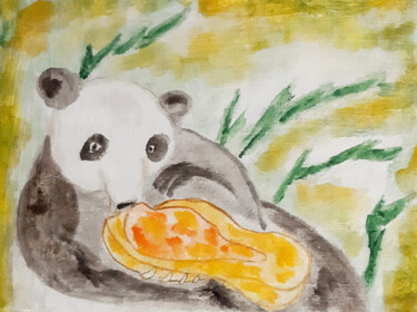 Painting titled "Panda with pumpkin" by Poly, Original Artwork, Watercolor Mounted on Wood Panel