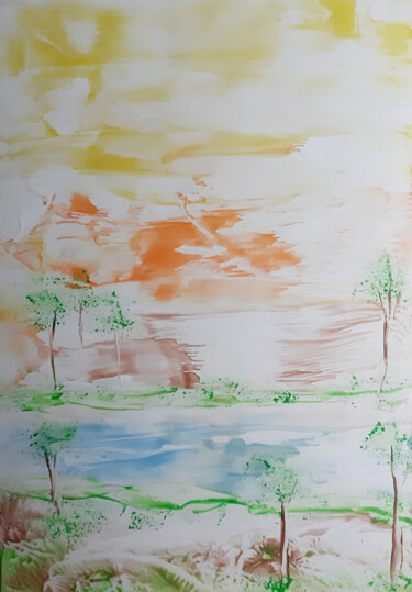 Painting titled "Landscape by the ri…" by Poly, Original Artwork, Wax