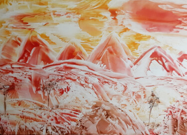 Schilderij getiteld "Mountains and sunset" door Poly, Origineel Kunstwerk, Was