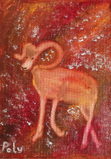 Картина под названием "Wild ram" - Poly, Подлинное произведение искусства, Масло Установлен на Деревянная панель
