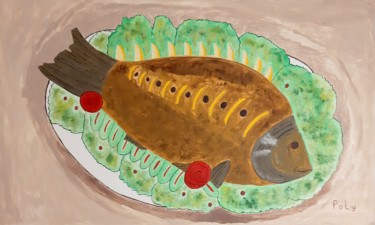 Baked fish (original acrylic painting) Painting titled "Baked fish (origina…" by Vera Polyachenko, Original Art, Acrylic Mounted on Other rigid panel
