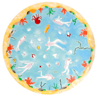 Divers and the sea world (round painting, ocean art) Painting titled "Divers and the sea…" by Vera Polyachenko, Original Art, Acrylic Mounted on Other rigid panel