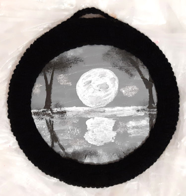 Full moon (round painting on canvas with glitter) Painting titled "Full moon (round pa…" by Vera Polyachenko, Original Art, Acrylic Mounted on Wood Panel