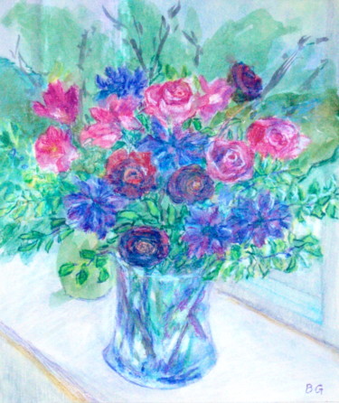 Картина под названием "Flowers Blue and Pi…" - Bernice Grundy, Подлинное произведение искусства, Акварель