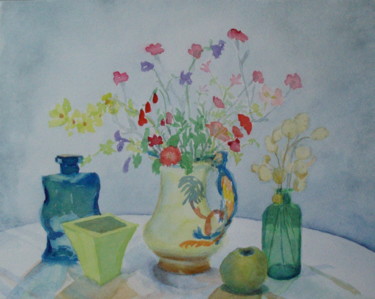 Painting titled "PARROT VASE WITH FL…" by Bernice Grundy, Original Artwork, Watercolor