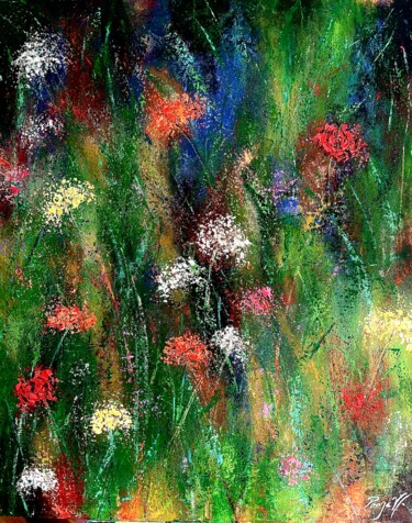Painting titled "In the Garden's Rain" by Pooja Verma, Original Artwork, Acrylic Mounted on Wood Stretcher frame