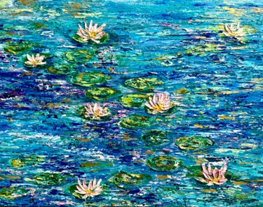 Painting titled "Blue WaterLily Pond" by Pooja Verma, Original Artwork, Acrylic