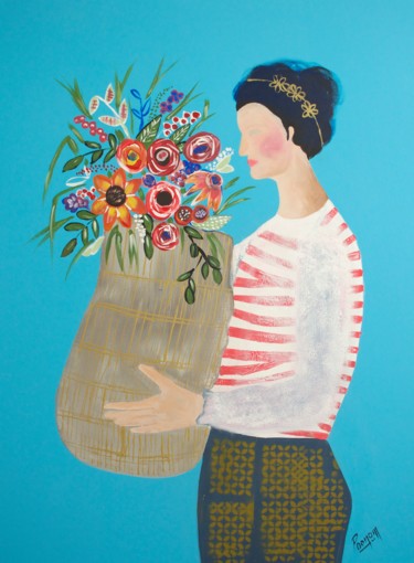 women art figurative art girl with flowers fashion 36x24x2 in © par poonam choudhary