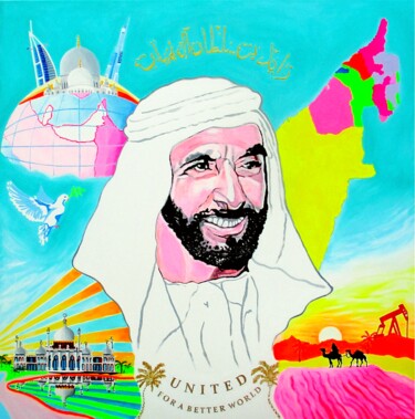 Painting titled "Sheikh Zayed bin Su…" by Pop Art By Super Pop Boy, Original Artwork, Oil Mounted on Wood Stretcher frame