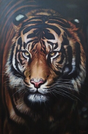 Schilderij getiteld "Tiger" door Popova Josephine, Origineel Kunstwerk, Olie