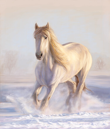 Digital Arts titled "A white horse" by Popova Josephine, Original Artwork, Digital Painting