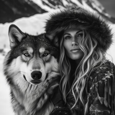 Digital Arts titled "Woman with Wolf" by Poptonicart, Original Artwork, Digital Painting