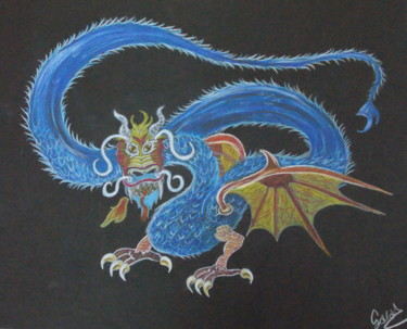 Рисунок под названием "Dragon bleu" - Portraits De L'Âme, Подлинное произведение искусства, Карандаш