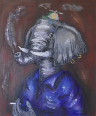 Painting titled "l'elephant fumeur" by Roberto Poteau, Original Artwork, Acrylic