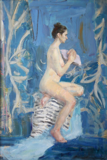Картина под названием "Female Nude on a bl…" - Dasha Fotina, Подлинное произведение искусства, Масло Установлен на Деревянна…