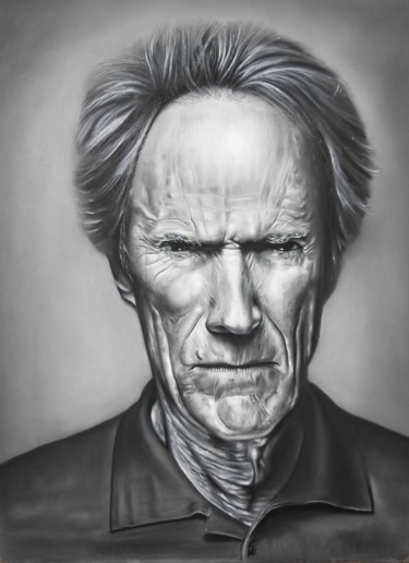 Drawing titled "Clint Eastwood" by Eric Pottier, Original Artwork, Pastel Mounted on Wood Stretcher frame