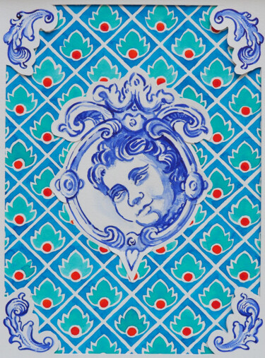 Painting titled "Ange Azulejos / pei…" by Poyenneart, Original Artwork, Ink Mounted on Cardboard